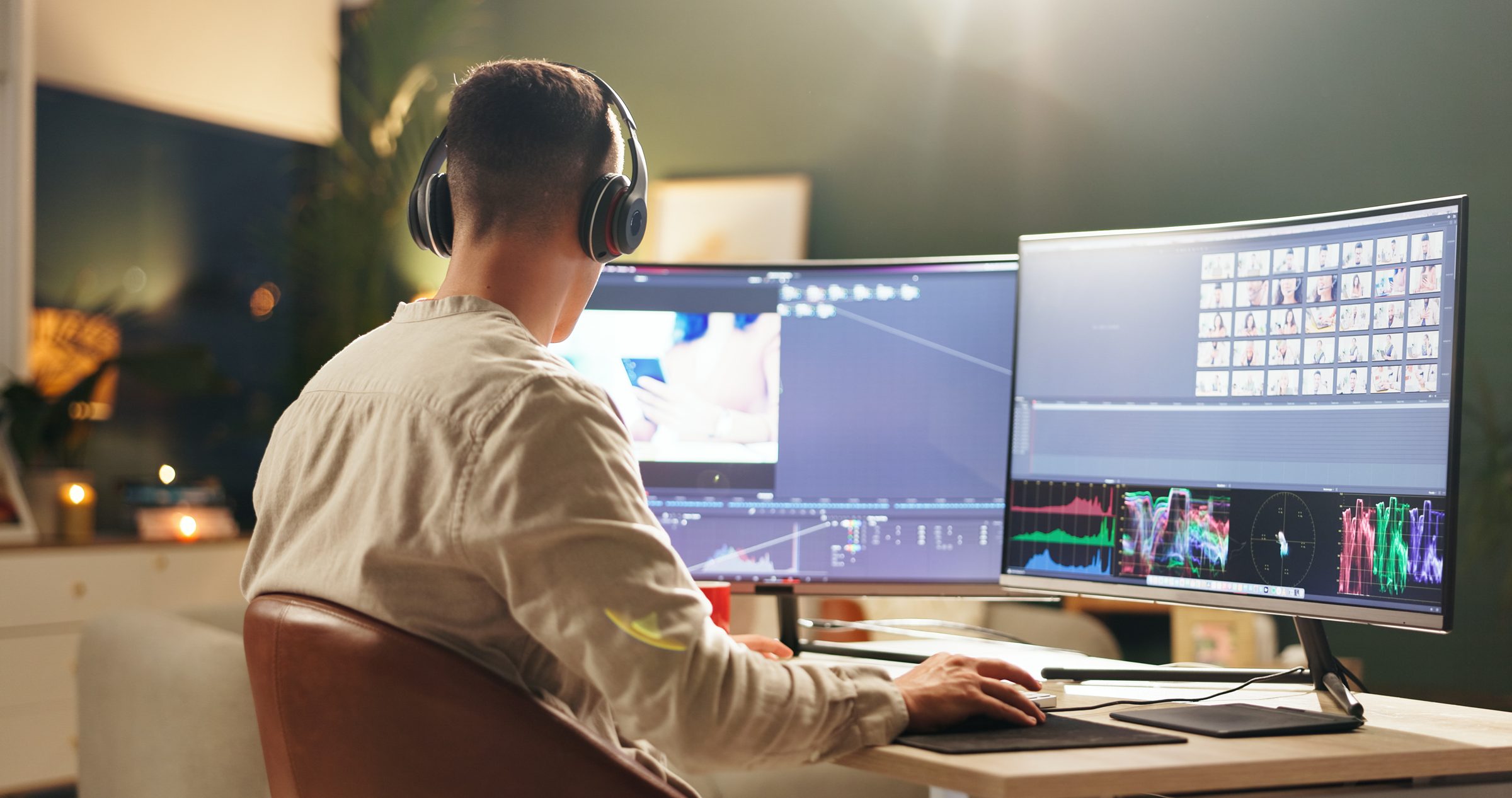 Monteur vidéo devant deux écrans